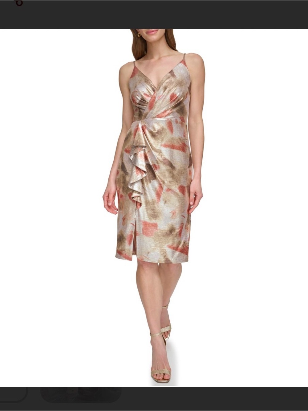 Eliza J Metallic Gold & Blush Ruffle Sheath Midi Dress